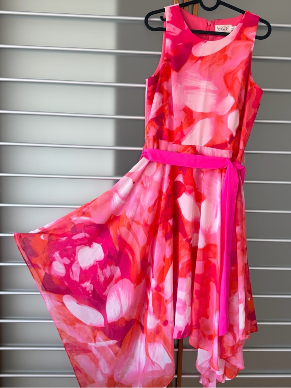 Eliza J Pink and Red Floral Fit-and-Flare Asymmetrical Dress with Sash
